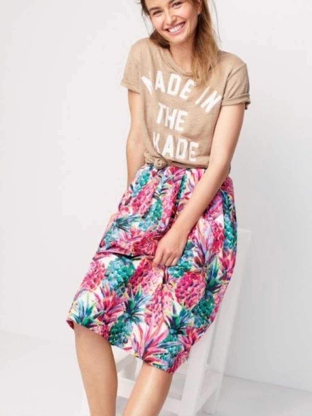 J. Crew Factory Tropical Pineapple Print Midi Skirt - Pink & Green